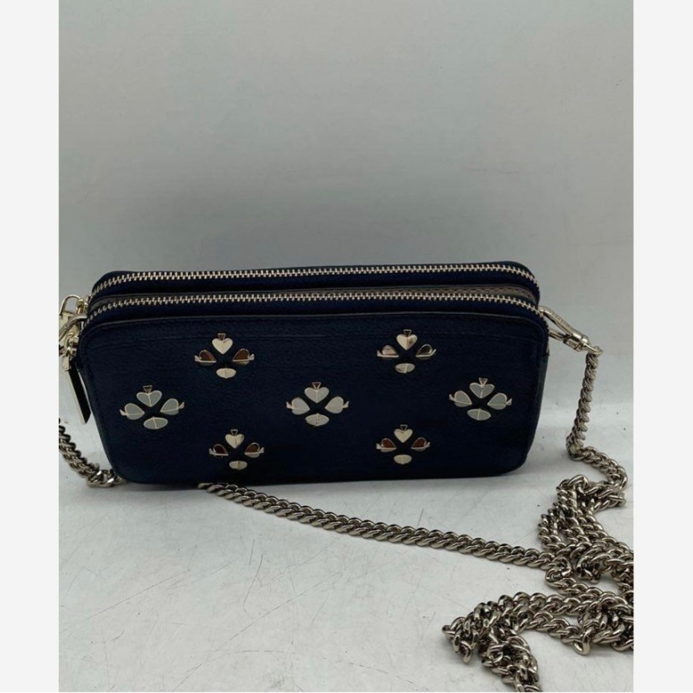 Kate Spade Blue Leather Golden Chain Strap Double Zipper Top Crossbody Bag